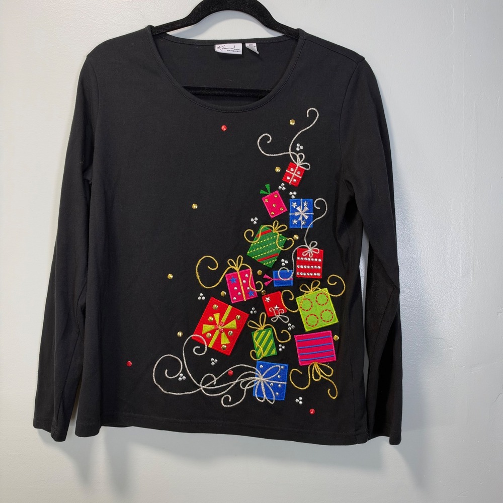 Kim Rogers Petite Christmas Presents Long Sleeve Shirt Black PL